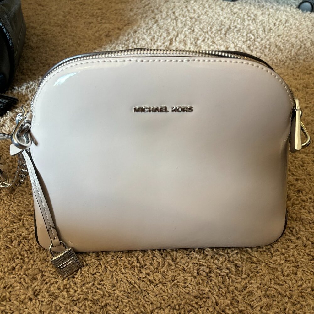 Michael Kors Patent Leather Mercer Dome Crossbody Dark Cement